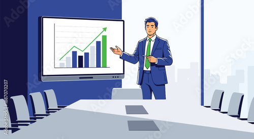 Vector illustration of a young businessman giving a digital presentation, showing leadership, innovation, and professional communication in flat vector style