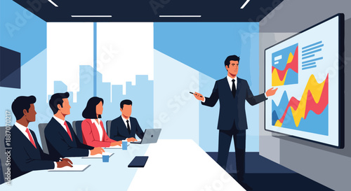 Vector illustration of a young businessman giving a digital presentation, showing leadership, innovation, and professional communication in flat vector style