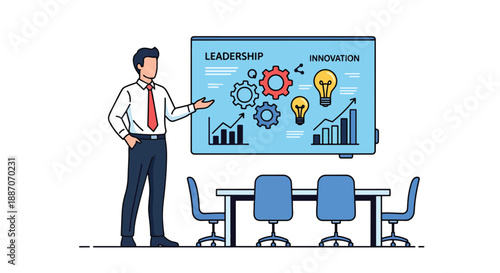 Vector illustration of a young businessman giving a digital presentation, showing leadership, innovation, and professional communication in flat vector style