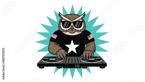 DJ Owl Wearing Sunglasses and T-shirt Playing Music.