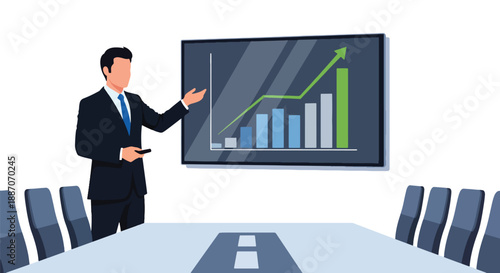 Vector illustration of a young businessman giving a digital presentation, showing leadership, innovation, and professional communication in flat vector style