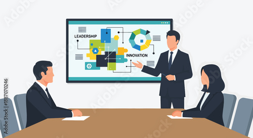 Vector illustration of a young businessman giving a digital presentation, showing leadership, innovation, and professional communication in flat vector style
