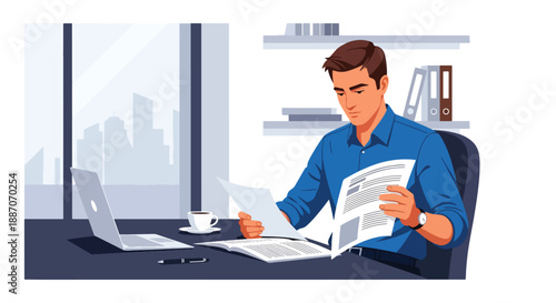 Vector illustration of a businessman reviewing financial reports at his desk, highlighting focus, strategy, and modern corporate work style in flat vector style