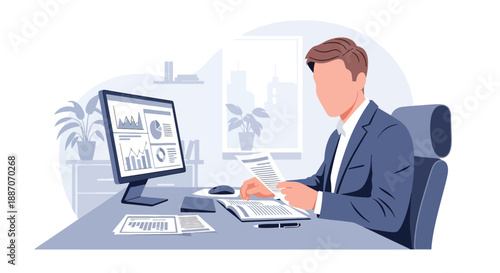 Vector illustration of a businessman reviewing financial reports at his desk, highlighting focus, strategy, and modern corporate work style in flat vector style