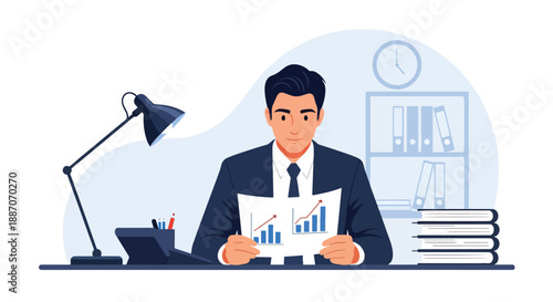 Vector illustration of a businessman reviewing financial reports at his desk, highlighting focus, strategy, and modern corporate work style in flat vector style
