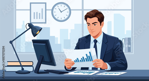 Vector illustration of a businessman reviewing financial reports at his desk, highlighting focus, strategy, and modern corporate work style in flat vector style