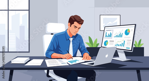 Vector illustration of a businessman reviewing financial reports at his desk, highlighting focus, strategy, and modern corporate work style in flat vector style