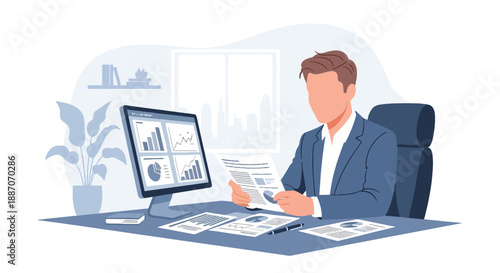 Vector illustration of a businessman reviewing financial reports at his desk, highlighting focus, strategy, and modern corporate work style in flat vector style