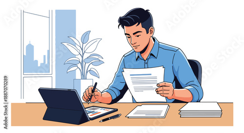 Vector illustration of a businessman reviewing financial reports at his desk, highlighting focus, strategy, and modern corporate work style in flat vector style