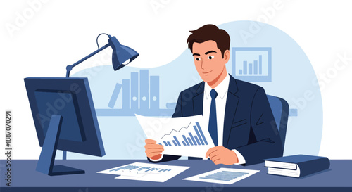 Vector illustration of a businessman reviewing financial reports at his desk, highlighting focus, strategy, and modern corporate work style in flat vector style