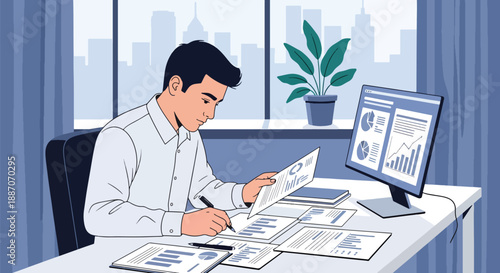 Vector illustration of a businessman reviewing financial reports at his desk, highlighting focus, strategy, and modern corporate work style in flat vector style