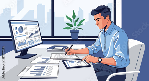 Vector illustration of a businessman reviewing financial reports at his desk, highlighting focus, strategy, and modern corporate work style in flat vector style