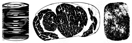 Halftone Rendered Canned Goods, Meat Cut, and Textured Block in Vector Style