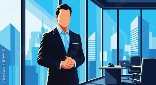 Vector illustration of a young CEO standing by an office window with city view, symbolizing ambition, leadership, and modern corporate success in flat vector style