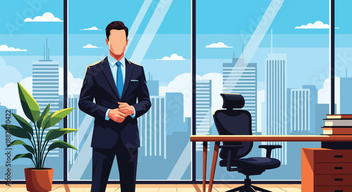 Vector illustration of a young CEO standing by an office window with city view, symbolizing ambition, leadership, and modern corporate success in flat vector style