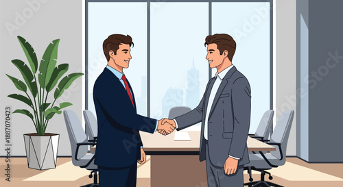 Vector illustration of a businessman shaking hands with a client, representing successful deal making and professional trust in flat vector style