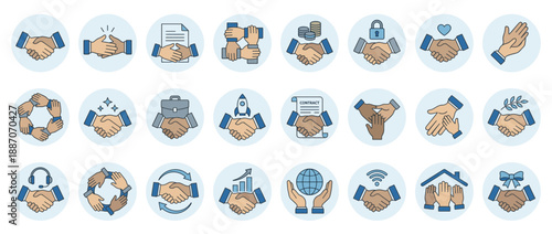 Collection of illustrated icons depicting various aspects of cooperation and agreement.