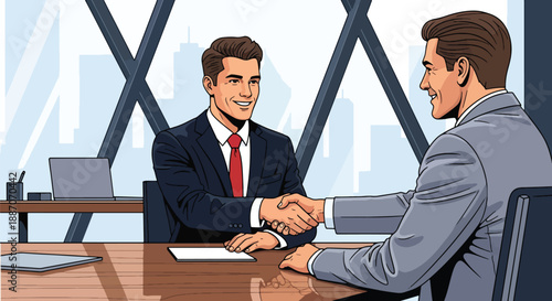 Vector illustration of a businessman shaking hands with a client, representing successful deal making and professional trust in flat vector style