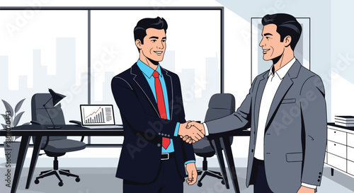 Vector illustration of a businessman shaking hands with a client, representing successful deal making and professional trust in flat vector style