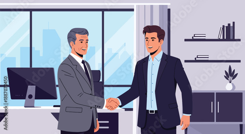 Vector illustration of a businessman shaking hands with a client, representing successful deal making and professional trust in flat vector style