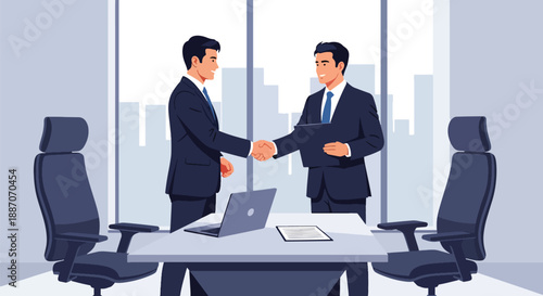 Vector illustration of a businessman shaking hands with a client, representing successful deal making and professional trust in flat vector style
