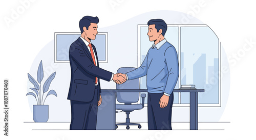 Vector illustration of a businessman shaking hands with a client, representing successful deal making and professional trust in flat vector style