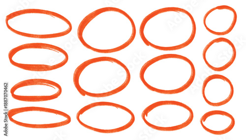 Hand drawn rough ellipse circles design elements in grunge style for emphasizing text information and accents. Red charcoal pen highlight oval crayon or chalk shape set. Sketchy pencil mark or marker
