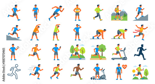 Collection of illustrations depicting various running and exercising poses of a male figure.