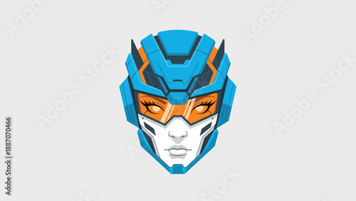 Futuristic Blue Robot Head with Orange Accents and Human Eyes.