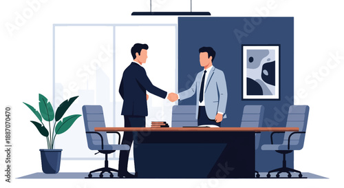 Vector illustration of a businessman shaking hands with a client, representing successful deal making and professional trust in flat vector style