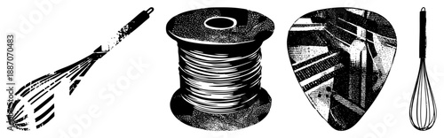 Vintage Whisk, Wire Spool, and Guitar Pick in Halftone Vector Set