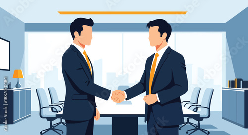 Vector illustration of a businessman shaking hands with a client, representing successful deal making and professional trust in flat vector style