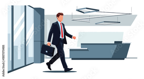 Vector illustration of a businessman with a briefcase walking through a corporate lobby, reflecting modern professional lifestyle in flat vector style