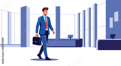 Vector illustration of a businessman with a briefcase walking through a corporate lobby, reflecting modern professional lifestyle in flat vector style