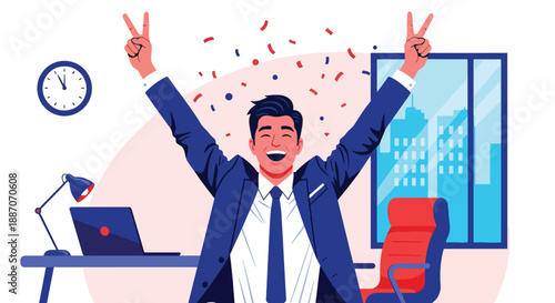 Vector illustration of a businessman celebrating a small victory at work, symbolizing motivation, achievement, and career success in flat vector style