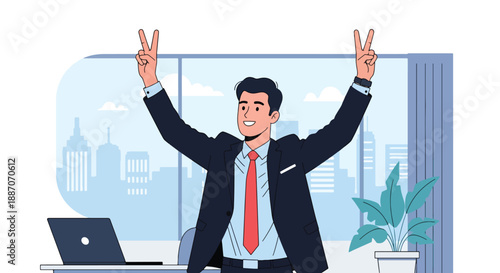 Vector illustration of a businessman celebrating a small victory at work, symbolizing motivation, achievement, and career success in flat vector style
