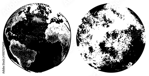Halftone Earth Globe and Moon Surface Vector Illustration