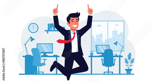Vector illustration of a businessman celebrating a small victory at work, symbolizing motivation, achievement, and career success in flat vector style