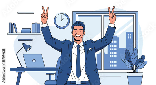 Vector illustration of a businessman celebrating a small victory at work, symbolizing motivation, achievement, and career success in flat vector style