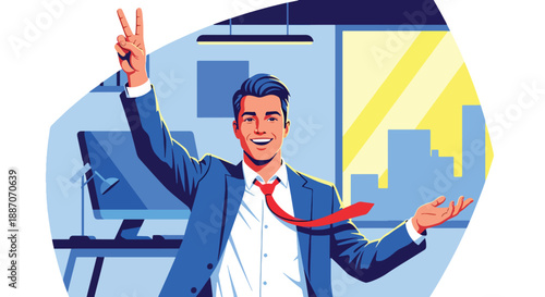 Vector illustration of a businessman celebrating a small victory at work, symbolizing motivation, achievement, and career success in flat vector style