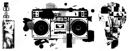 Retro Boombox, Vape Device, and Lightbulb in Bold Graphic Design
