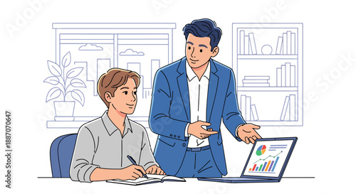 Vector illustration of a businessman mentoring a junior colleague, showing teamwork, leadership, and corporate learning culture in flat vector style