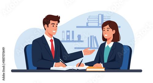 Vector illustration of a businessman mentoring a junior colleague, showing teamwork, leadership, and corporate learning culture in flat vector style
