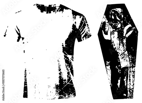 Distressed T Shirt and Coffin with Ghostly Figure in High Contrast Vector Art