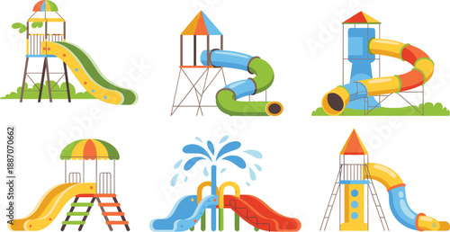 Kids playground slide collection with colorful outdoor play equipment, cartoon style park structures for children recreation and fun activity illustration