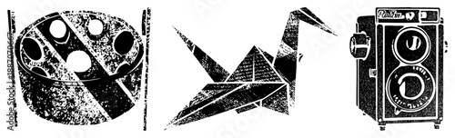 Vintage Film Reel, Origami Crane, and Lens Camera Vector Set