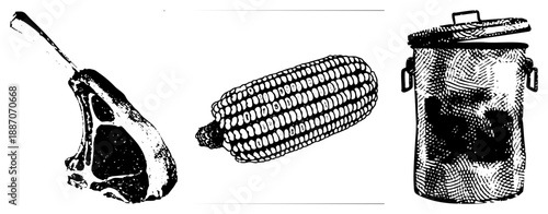 Black and White Halftone Illustration of Steak, Corn on the Cob, and Trash Can