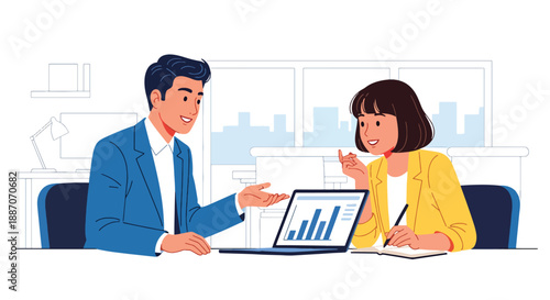 Vector illustration of a businessman mentoring a junior colleague, showing teamwork, leadership, and corporate learning culture in flat vector style