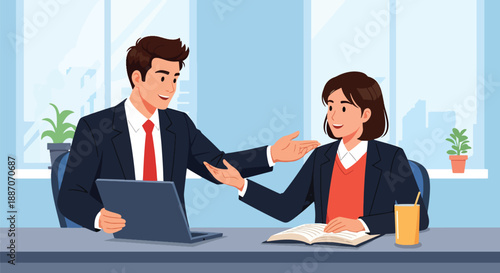 Vector illustration of a businessman mentoring a junior colleague, showing teamwork, leadership, and corporate learning culture in flat vector style