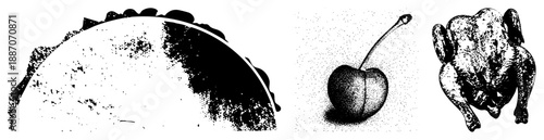 Halftone Rendered Cherry and Roasted Chicken with Textured Planet Hemisphere